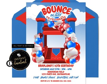 Uitnodiging honkbal, bouncehuis uitnodigen, bounce party, honkbalfeest, honkbal verjaardagsuitnodiging, instant Templett Invite