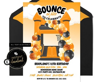 Uitnodiging basketbal Bounce House, Bounce House uitnodigen, Bounce Party, basketbalfeest, basketbal uitnodiging, Instant Templett Invite