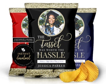 The Tassel Was Worth The Hassle Chip Bag, Gold Graduation Chip Bag, Graduation Printable Chip Bag, Graduation Party Favor, Digital Templett