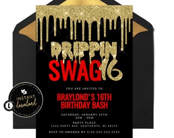 Swag 16 Birthday Invitation, Gold Bling Invitation, Swag 16 Party, Swag 16 Invitation, 16th Birthday, Instant Download, Digital Templett