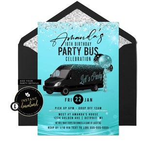 Party Bus Invitation, Party Bus Birthday Invitation, Girl Party Bus Invite, Teal Party Bus Invite, Instant Self Edit Digital Templett