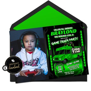 Green Game Truck Invitation, Photo Gaming Truck Invite, Video Game Truck Invitation, Gamer Birthday Invitation, Digital Invitation, Templett