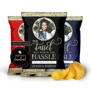 The Tassel Was Worth The Hassle Chip Bag, Gold Graduation Chip Bag, Graduation Printable Chip Bag, Graduation Party Favor, Digital Templett