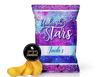 Under The Stars Galaxy Chip Bag, Galaxy Party Favor, Outer Space Chip Bag, Birthday Snack Bag, Galaxy Chips, Galaxy Party, Templett Bag