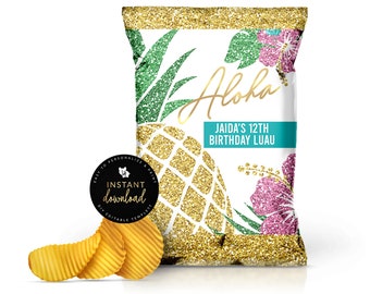 May include: Gold glitter chip bag with a pineapple and hibiscus flower design. The text "Aloha" and "Jaida's 12th Birthday Luau" is printed on the bag.