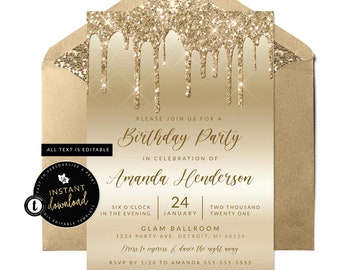 Dripping Gold Invitation, Glitter Slime Invitation, Glitter Drip Invitation,Gold Birthday,Golden Birthday Invitation, Templett Invite