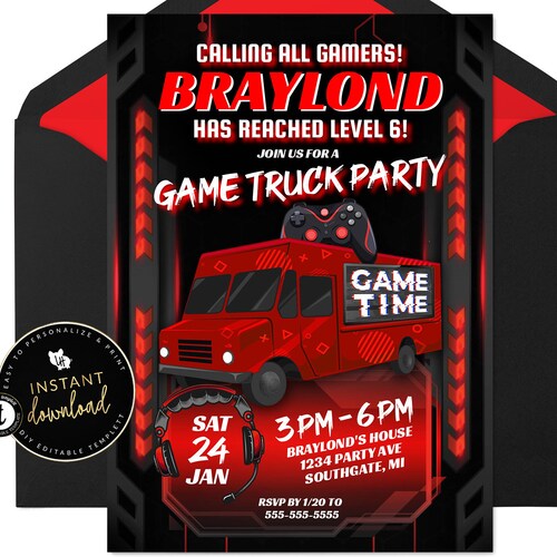 Video Game Truck Birthday Party Invitation Game Truck Party Etsy