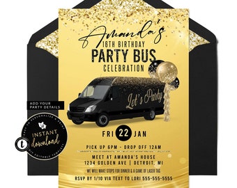 Party Bus Invitation, Party Bus Birthday Invitation, Black and Gold Party Bus Invite, Instant Download, Self Edit Digital Templett