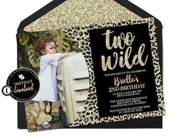 Two Wild Photo Birthday Invitation, Cheetah Print Birthday Invitation, Two Wild Birthday, 2nd Birthday Invitation Girl, Templett Invitation