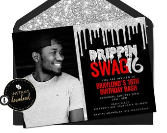 Swag 16 Silver Birthday Photo Invitation,  Swag 16 Party, Swag 16 Invitation, 16th Birthday Photo Invite, Instant Download, Digital Templett