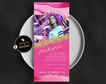 Pink and Gold Photo Menu Card, Pink and Gold Agate Menu, Pink Birthday Menu, Pink and Gold Menu, Instant Self Edit Digital Templett