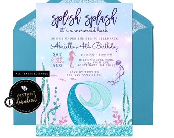 May include: A blue and pink mermaid tail with glitter accents on a light blue background. The text reads "Splish Splash it's a mermaid bash" and "Abriella's 4th Birthday".