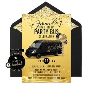 Party Bus Invitation, Party Bus Birthday Invitation, Black and Gold Party Bus Invite, Instant Download, Self Edit Digital Templett
