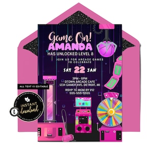 Girls Arcade Invitation, Arcade Birthday Invite, Pink Arcade Invite , Arcade Invitation for Girls, Digital Invitation, Instant Templett