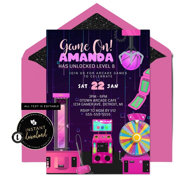 Girls Arcade Invitation, Arcade Birthday Invite, Pink Arcade Invite , Arcade Invitation for Girls, Digital Invitation, Instant Templett