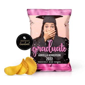 Pink Graduation Photo Chip Bag, Graduate Chip Bag, Graduation Printable Chip Bag, Pink Graduation Party Favor, Instant Digital Templett