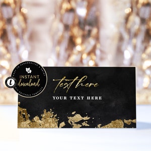 Black and Faux Gold Foil Place Cards, Black and Gold Tent Cards, Name Tent Cards, Editable Templett, Printable Place Card