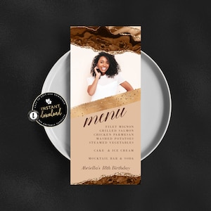Tarjeta de menú con foto de ágata marrón, menú de comida con melanina, tarjeta de menú marrón, descarga instantánea, ágata marrón, cumpleaños con melanina, plantilla digital editable