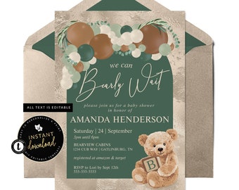 Teddy Bear Baby Shower Invitation, Greenery Baby Shower Invitation, Gender Neutral Baby Shower, Templett, Instant Download