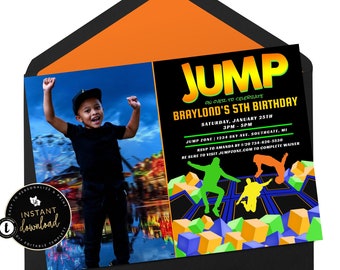 Trampoline Party Invitation with Photo, Jump Birthday Invitation, Trampoline Birthday, Jump Party, Trampoline Party, Templett Invitation