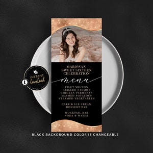 Elegante tarjeta de menú en oro rosa con foto, menú imprimible en oro rosa, tarjeta de lugar en oro rosa, descarga instantánea, plantilla digital autoeditable