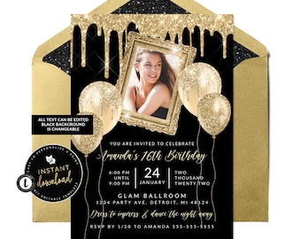 Gold Frame Photo Invitation, Glam Birthday Invitation, Glitter Drip Invitation, Gold Birthday, Instant Download, Templett Invite