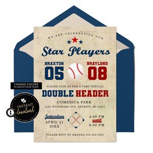 Baseball Birthday Invitation, Joint Baseball Birthday Invite, Twins Birthday Invitation, Joint Birthday Party, Instant Digital Templett