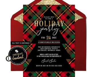 Red and Green Plaid Christmas Party Invitation, Plaid Holiday Party, Red Plaid Invitation, Plaid Christmas Invite, Printable Templett