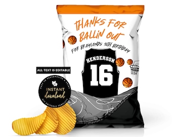 Basketball Chip Bag, Basketball Printables, Basketball Party ,Basketball Birthday, Basketball Party Favor, Editable Chip Bag, Templett