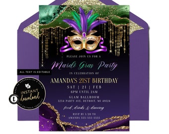 May include: A Mardi Gras party invitation with a gold mask, purple and green feathers, and gold glitter accents. The invitation is for Amanda's 21st birthday, with event details and RSVP information. The invitation is inside a purple envelope.