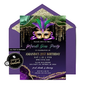 Mardi Gras Invitation,Mardi Gras Birthday Invitation, Mardi Gras Party, Mardi Gras Digital Invite, Instant Download, Self Edit Templett