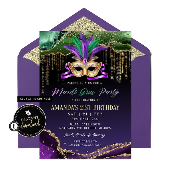 Faire-part Mardi Gras, Faire-part d'anniversaire Mardi Gras, fête de Mardi Gras, invitation numérique Mardi Gras, téléchargement immédiat, auto-édition Templett