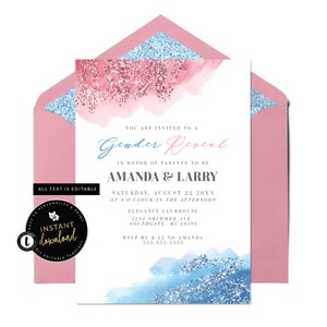 Gender Reveal Party Invitation, Gender Reveal Party , Watercolor Gender Reveal Invitation, Blue or Pink, Instant Download, Digital Templett