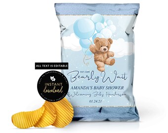 Blue Teddy Bear Baby Shower Chip Bag, We can Bearly Wait Chip Bag, Teddy Bear Baby Shower, Instant Download, Editable Chip Bag Download
