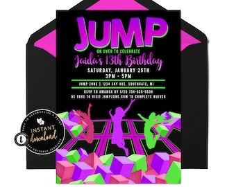 Jump Birthday Invitation, Trampoline Party Invitation, Trampoline Birthday, Girl Trampoline Party Invite, Instant Invitation Templett