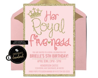 Princess Birthday Invitation, Her Royal Fiveness Invitation, 5th Birthday Invitation, Princess Party Invite, Instant Templett Invitation