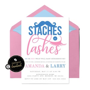 Staches or Lashes Gender Reveal Invitation, Gender Reveal Party Invitation, Lashes or Staches Invite, Instant Download, Digital Templett