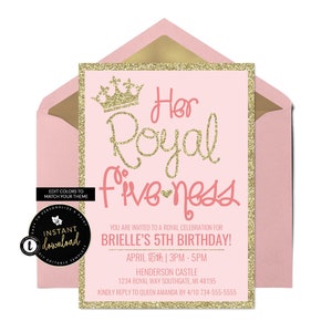 Princess Birthday Invitation, Her Royal Fiveness Invitation, 5th Birthday Invitation, Princess Party Invite, Instant Templett Invitation