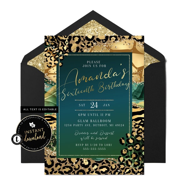 Animal Print Invitation, Jungle Invitation, Leopard Print Invite, Agate Invitation, Tropical, Instant Download, Self Edit Digital Templett