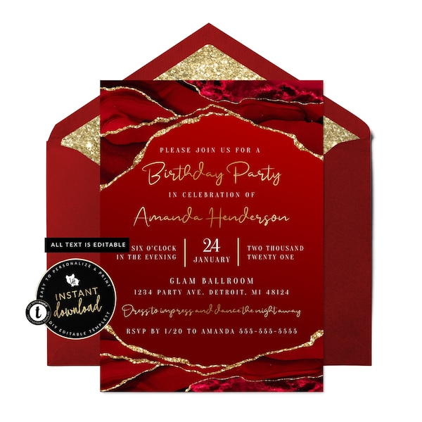 Red and Gold Invitation, Red and Gold Agate Invitation, Red and Gold Birthday Invite, Red Invitation, Instant Self Edit Digital Templett