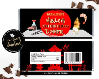 Hibachi Candy Bar Label, Hibachi Theme Candy Cover, Hibachi Birthday, Hibachi Party Favors, Instant Download Digital Templett