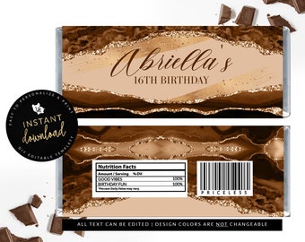 Brown Candy Bar Label, Brown Agate Candy Bar, Melanin Candy Bar Label, Brown Birthday Printable, Instant Download Digital Templett