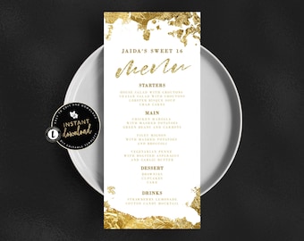 Gold Menu Card, Gold Faux Foil Menu, Gold Menu with Endless Background Colors, Instant Download, Self Edit Digital Templett