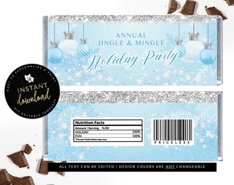 Blue Christmas Candy Bar Label, Blue Holiday Printable, Holiday Candy Bar Template, Christmas Party Favors, Christmas Chip Bag Templett