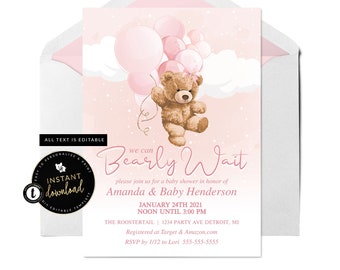 Pink Teddy Bear Baby Shower Invitation, We can Bearly Wait, Bearly Wait Baby Shower Invitation, Editable Baby Shower Invitation