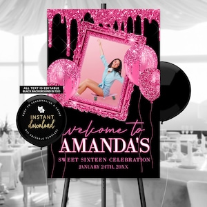 Letrero de bienvenida con foto en rosa intenso, póster rosa intenso, póster de bienvenida rosa, bienvenida de cumpleaños, plantilla de bienvenida editable
