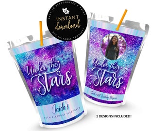 Galaxy Juice Pouch Labels, Under The Stars Juice Label, Galaxy Juice Printable, Printable Juice Pouch Labels, Instant download Templett