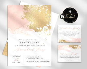 Blush and Gold Baby Shower Invitation Suite, Blush and Gold Invitation, Watercolor Baby Shower Invite, Self Edit Templett Digital Invite