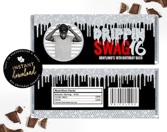 Drippin Swag 16 Silver Candy Bar Label, Swag 16 Candy Label, Swag 16 Party Favor, 16th Birthday, Drippin Swag Instant Digital Templett