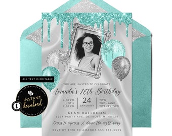 Silver and Teal Invitation, Glam Birthday Invitation, Glitter Drip Invitation, Silver and Teal Birthday, Instant Download, Templett Invite